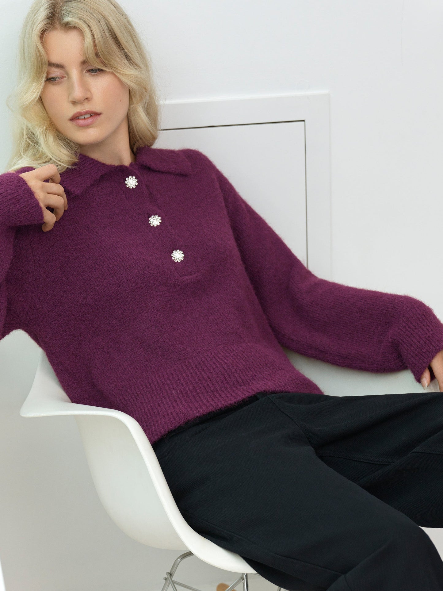 Polo Collar Diamante Button Jumper Mulberry