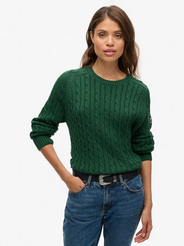 Slouchy Cable Knit Jumper, Dark Green