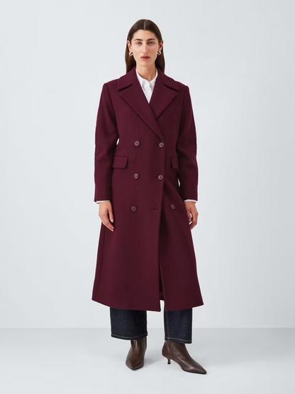 Double Breasted Wool Blend Coat, Burgundy