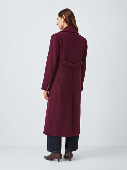Double Breasted Wool Blend Coat, Burgundy