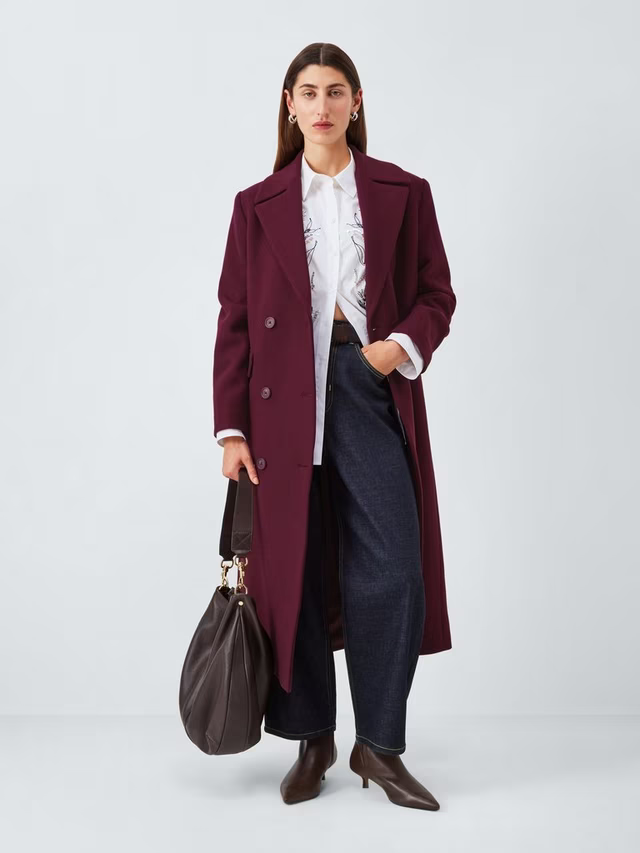 Double Breasted Wool Blend Coat, Burgundy