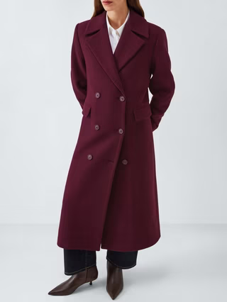 Double Breasted Wool Blend Coat, Burgundy