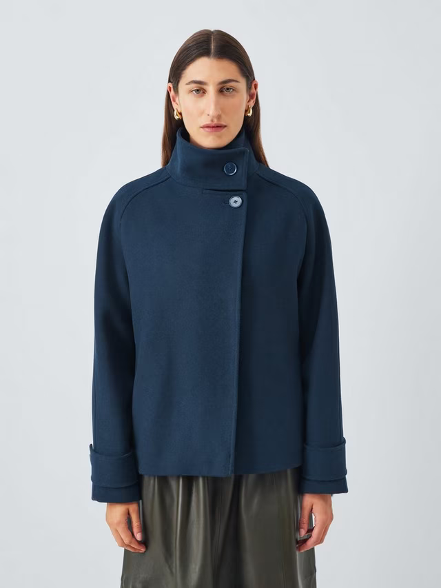 Short Funnel Neck Wool Blend Jacket, Navy