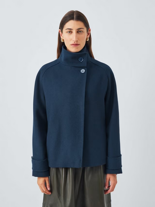 Short Funnel Neck Wool Blend Jacket, Navy