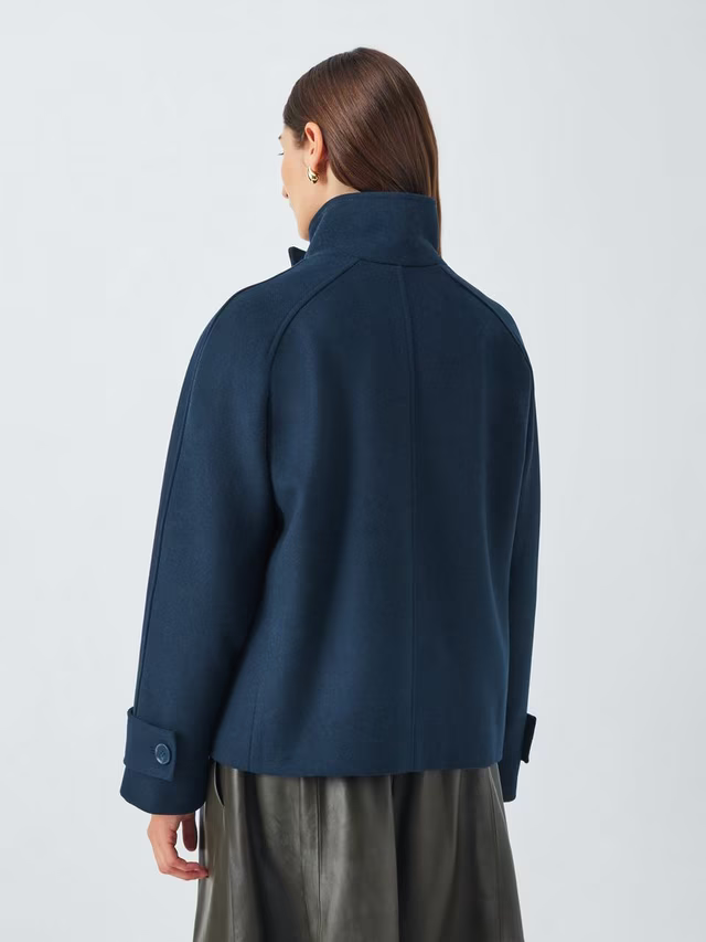 Short Funnel Neck Wool Blend Jacket, Navy