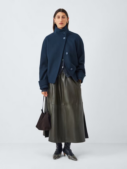 Short Funnel Neck Wool Blend Jacket, Navy