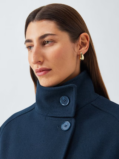 Short Funnel Neck Wool Blend Jacket, Navy