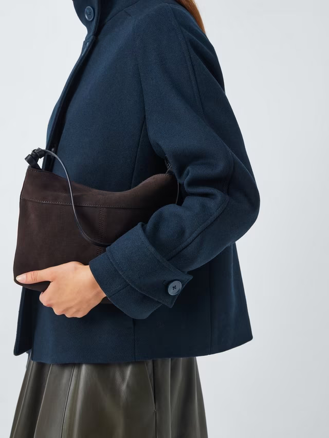 Short Funnel Neck Wool Blend Jacket, Navy