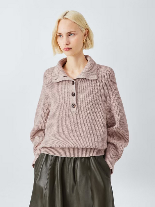 Cotton & Wool Blend Button Neck Jumper, Natural