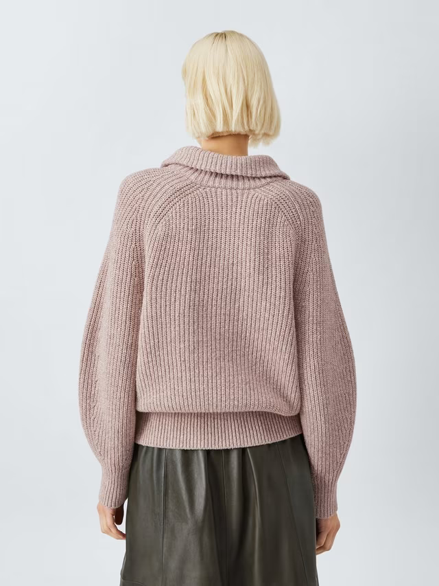 Cotton & Wool Blend Button Neck Jumper, Natural