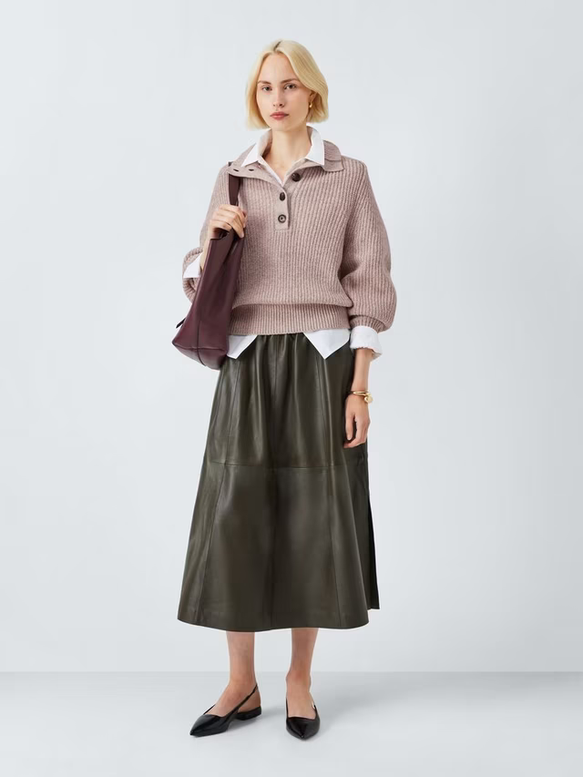 Cotton & Wool Blend Button Neck Jumper, Natural