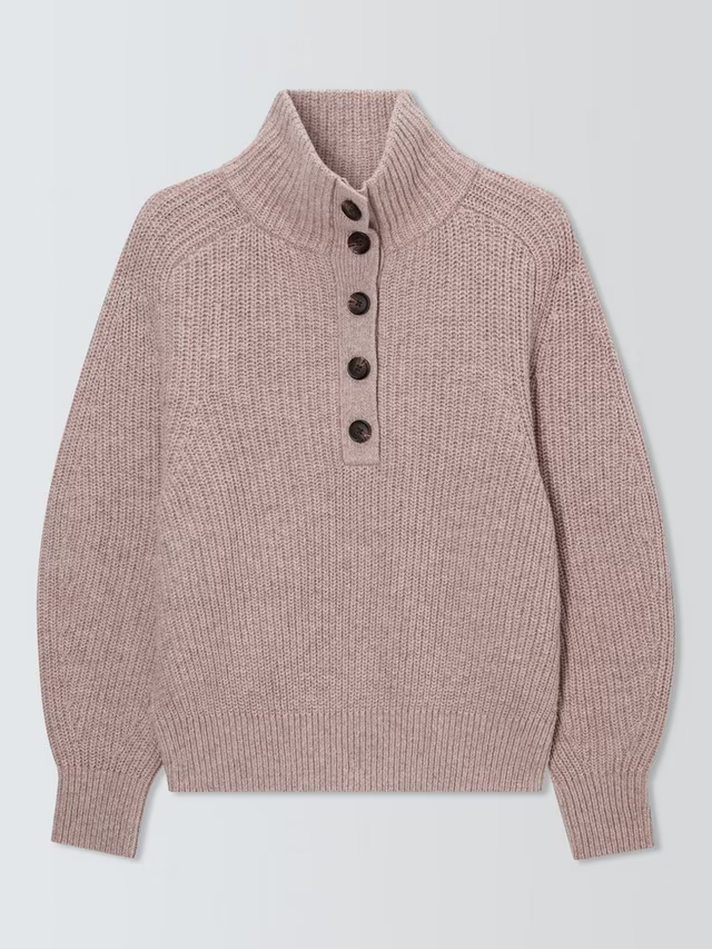 Cotton & Wool Blend Button Neck Jumper, Natural