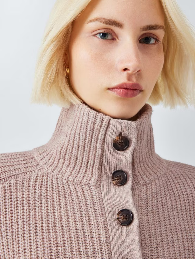 Cotton & Wool Blend Button Neck Jumper, Natural