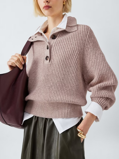 Cotton & Wool Blend Button Neck Jumper, Natural