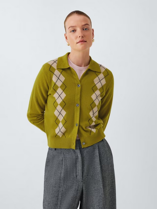 Merino Wool Blend Collared Argyle Cardigan