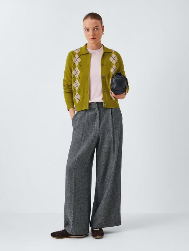 Merino Wool Blend Collared Argyle Cardigan