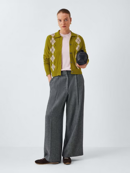 Merino Wool Blend Collared Argyle Cardigan