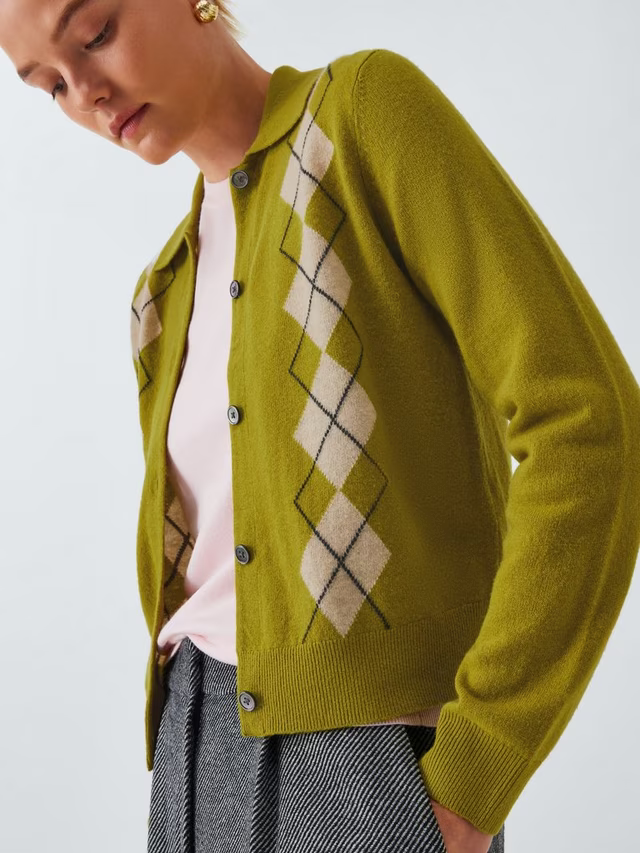 Merino Wool Blend Collared Argyle Cardigan