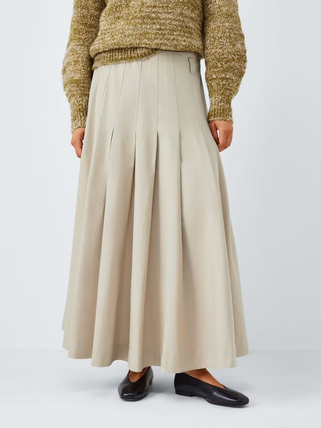 Pleat Cotton Blend Maxi Skirt