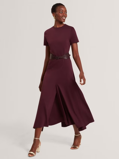 Fuusia Cotton Ruffle Shape Keyhole Back V Neck Jersey Midi Dress