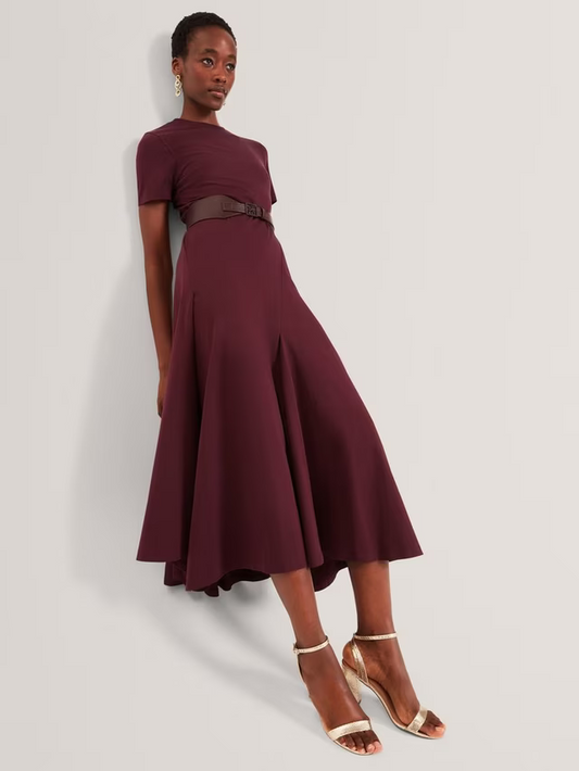 Fuusia Cotton Ruffle Shape Keyhole Back V Neck Jersey Midi Dress