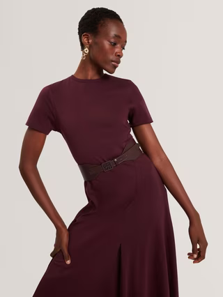 Fuusia Cotton Ruffle Shape Keyhole Back V Neck Jersey Midi Dress