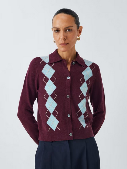 Merino Wool Blend Collared Argyle Cardigan