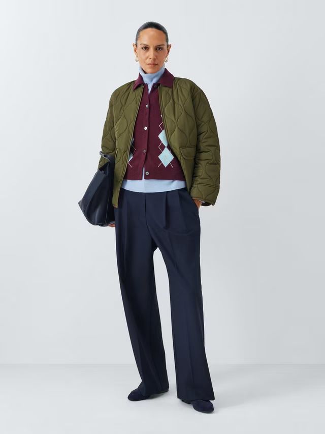 Merino Wool Blend Collared Argyle Cardigan