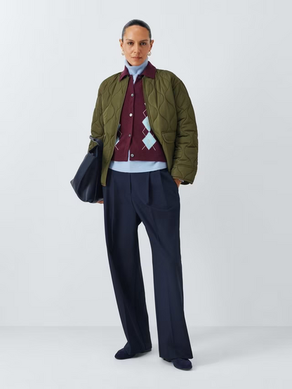 Merino Wool Blend Collared Argyle Cardigan