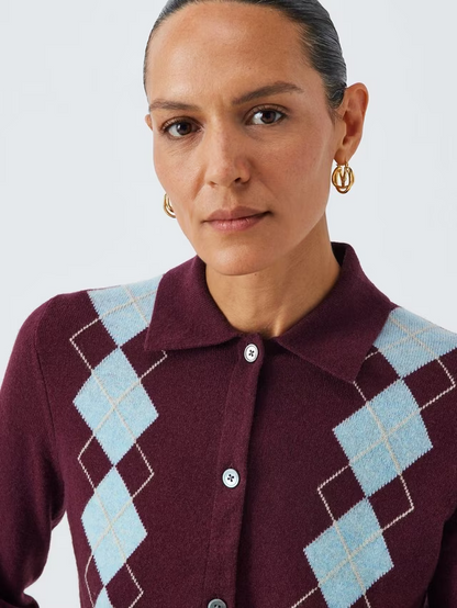 Merino Wool Blend Collared Argyle Cardigan