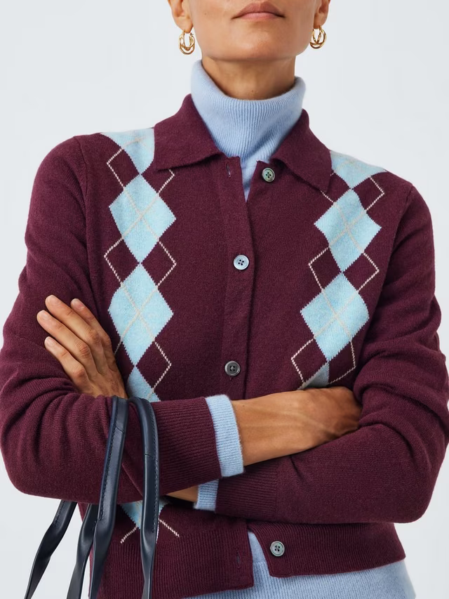 Merino Wool Blend Collared Argyle Cardigan
