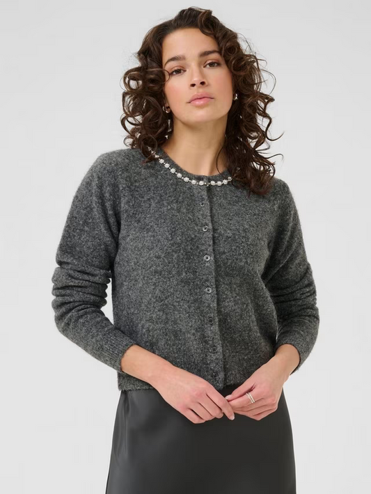 Roxy Embellished Neck Cardigan, Mid Grey