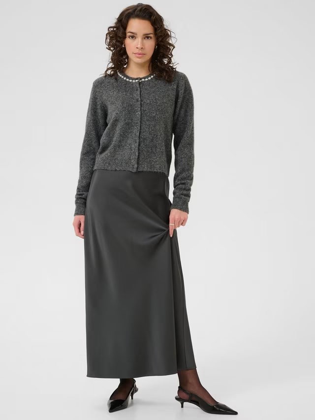 Roxy Embellished Neck Cardigan, Mid Grey