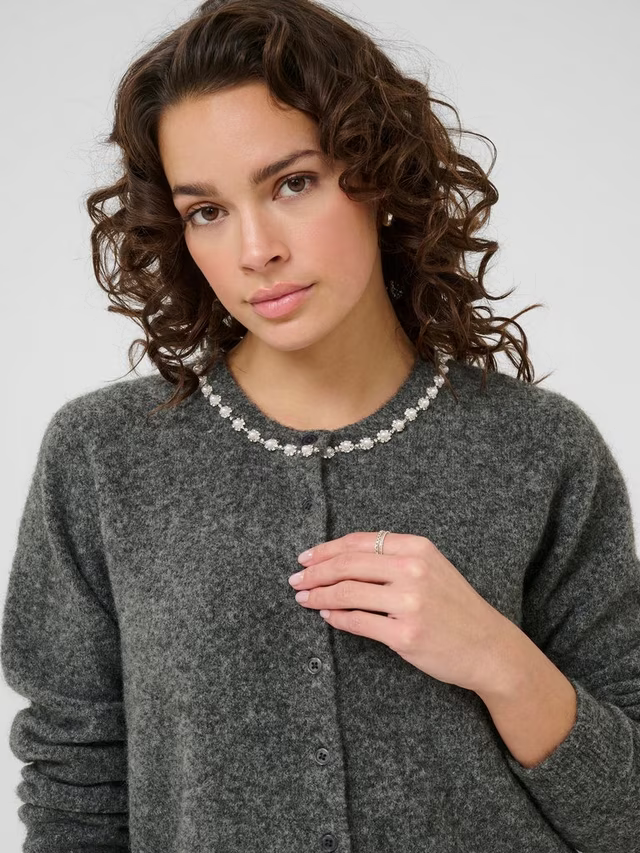 Roxy Embellished Neck Cardigan, Mid Grey