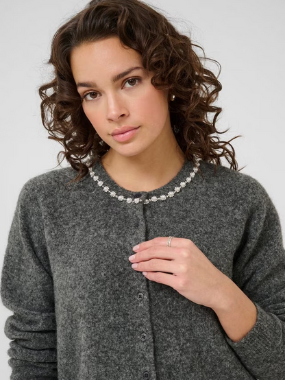 Roxy Embellished Neck Cardigan, Mid Grey