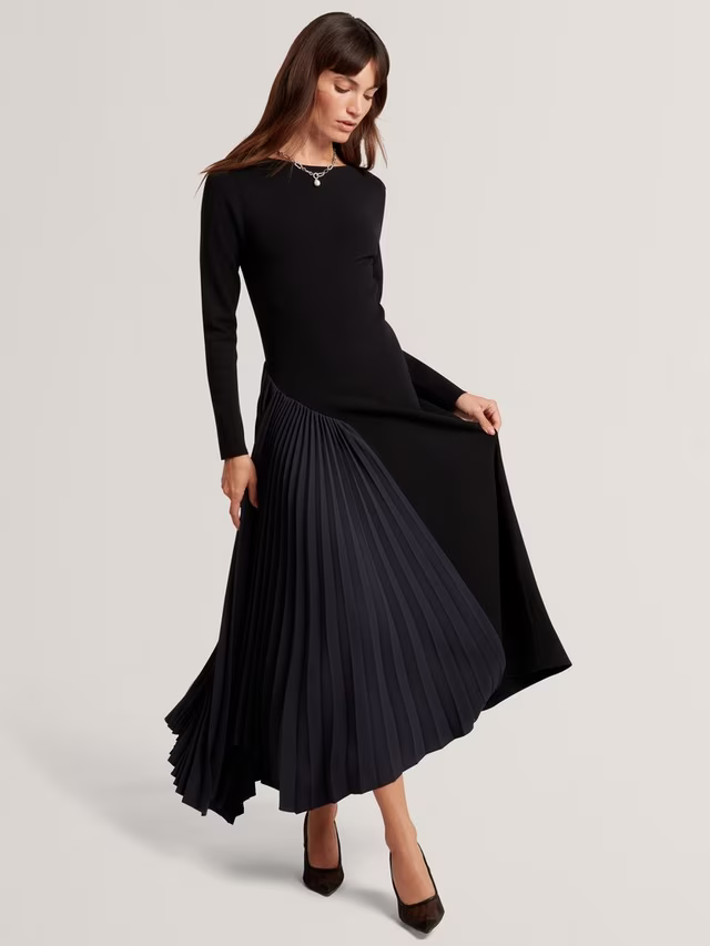 Belviee Long Sleeve A-Line Pleated Midi Dress, Black
