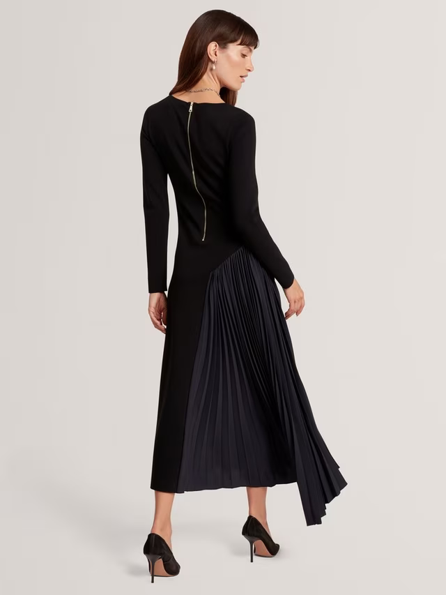 Belviee Long Sleeve A-Line Pleated Midi Dress, Black