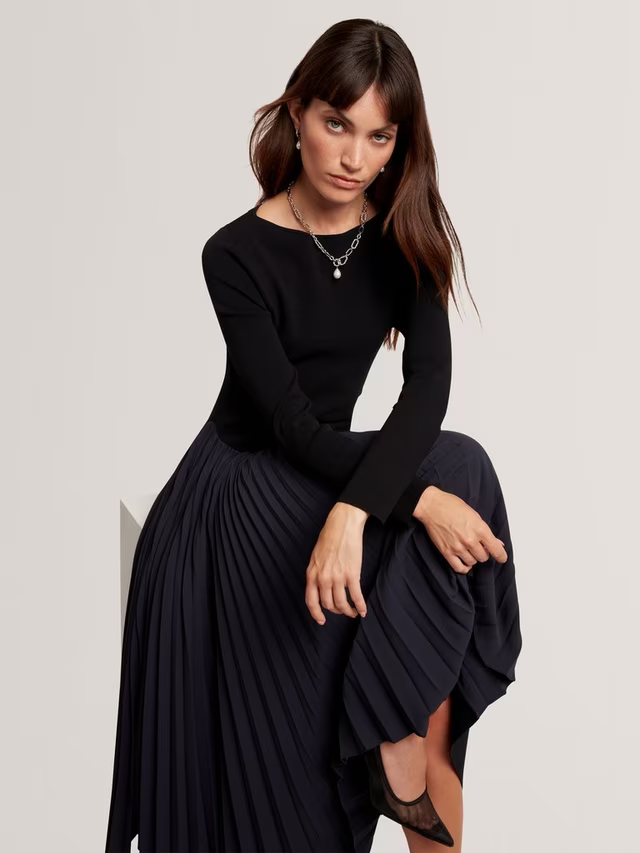 Belviee Long Sleeve A-Line Pleated Midi Dress, Black