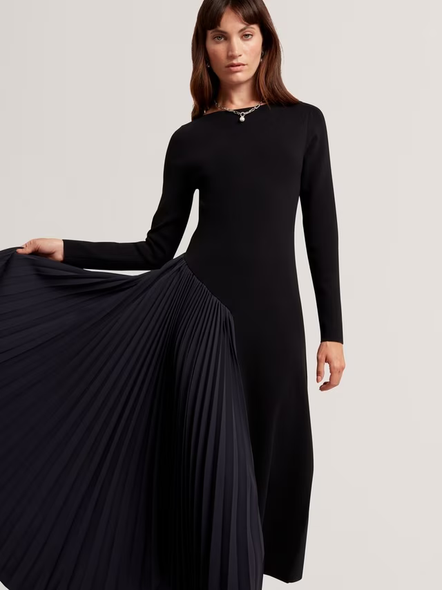 Belviee Long Sleeve A-Line Pleated Midi Dress, Black