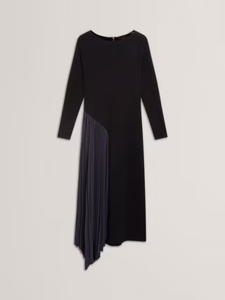 Belviee Long Sleeve A-Line Pleated Midi Dress, Black