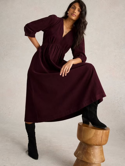 Lucy Corduroy Midi Dress, Dark Plum
