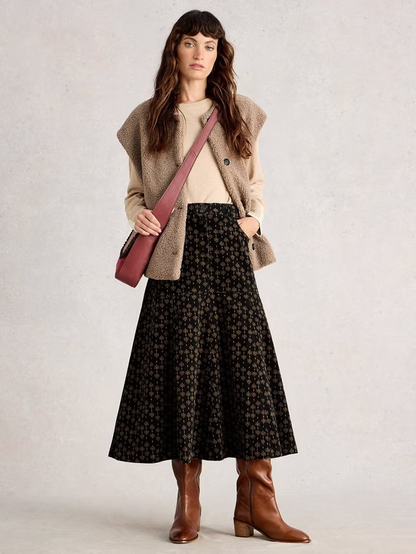 Quinn Floral Geometric Corduroy Midi Skirt, Black/Multi