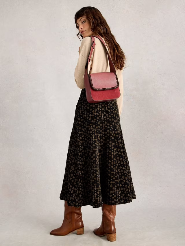 Quinn Floral Geometric Corduroy Midi Skirt, Black/Multi