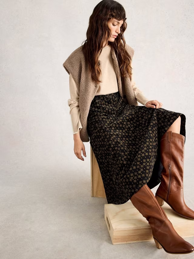 Quinn Floral Geometric Corduroy Midi Skirt, Black/Multi