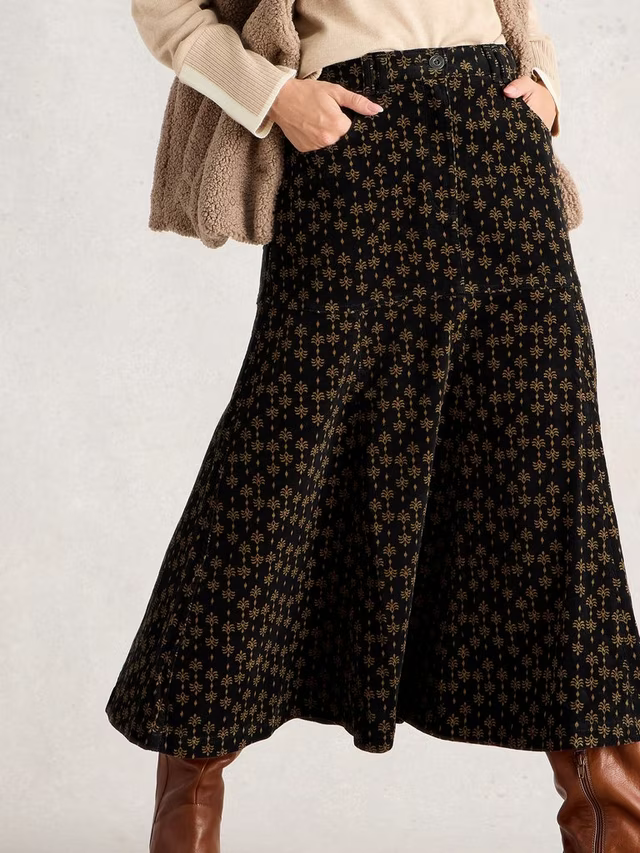 Quinn Floral Geometric Corduroy Midi Skirt, Black/Multi