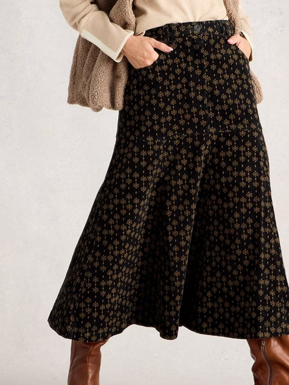 Quinn Floral Geometric Corduroy Midi Skirt, Black/Multi