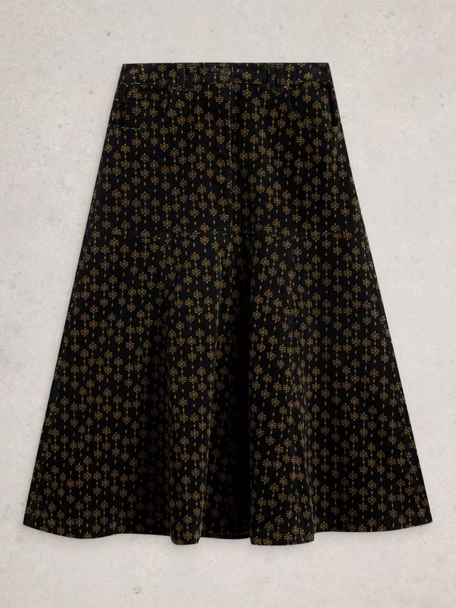 Quinn Floral Geometric Corduroy Midi Skirt, Black/Multi