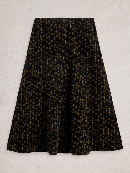 Quinn Floral Geometric Corduroy Midi Skirt, Black/Multi