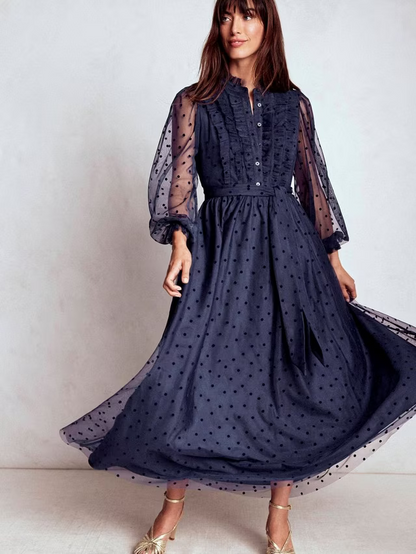 Tulle Ruffle Maxi Dress, Navy