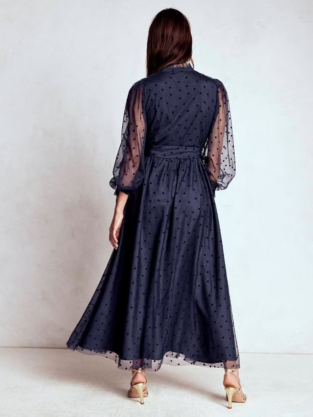 Tulle Ruffle Maxi Dress, Navy